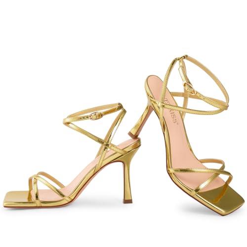 Image of wetkiss Strappy Heels for Women Stiletto High Heeled Sandals Adjustable Ankle Strap, Square Open Toe for Homecoming Party Dress Wedding Daily