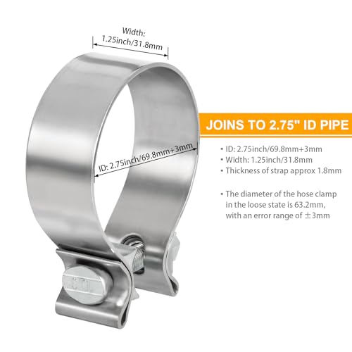 TIROL 2.75 inch Exhaust Clamp, 2 3/4 Exhaust Clamp Stainless Steel Narrow Band Muffler Clamp for 2.75" OD Exhaust Pipe, Muffler Pipe 2Pcs by TIROL - Image 2