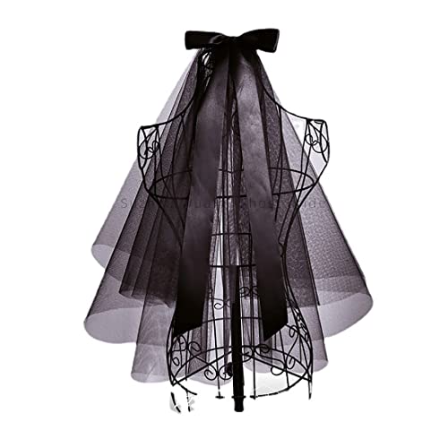 JUSTUSNX Velo corto negro de boda, velo gótico de novia de 2 niveles, velo de lazo para fiesta de Halloween, velo con peine y accesorios de cosplay para mujeres y niñas