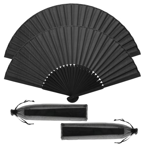 Neerow Handfächer Schwarz 2 Stück Faltbare Fächer Klein Faltfächer Schwarz Taschenfächer Chinesischer Stofffacher mit Geschenktüte für Sommer Hochzeit Tanzen Foto-Requisiten Wand Dekoration