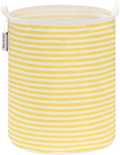 Sea Team 19.7 Inches Large Sized Waterproof Coating Ramie Cotton Fabric Folding Laundry Hamper Bucket Cylindric Burlap Canvas Storage Basket (19.7", Stripe/Yellow)