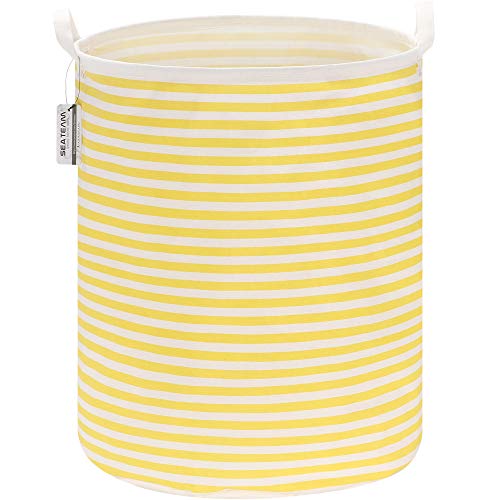 Image of Sea Team 19.7 Inches Large Sized Waterproof Coating Ramie Cotton Fabric Folding Laundry Hamper Bucket Cylindric Burlap Canvas Storage Basket (19.7", Stripe/Yellow)