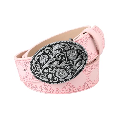 Western Cowboy Belts for Men Women, Country Cowgirl Belt Engraved Buckle Embossed Belt for Jeans Rodeo
