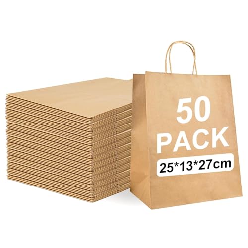 50 sacchetti di carta regalo, colore marrone, 25 × 13