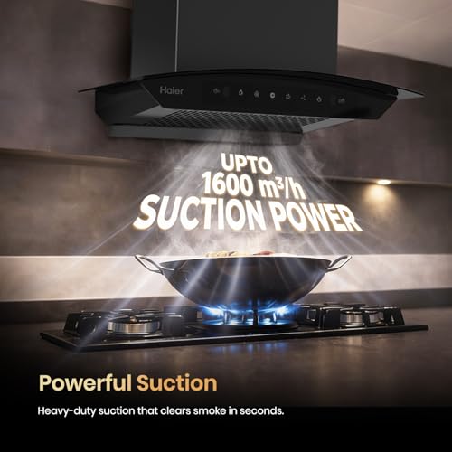Image of Haier 60 cm 1600 m3 /hr Filterless Autoclean Kitchen Chimney Low Noise, 220W Motor, Unibody Design (Zero Weld Body), 10 Yr Motor & 4 Yr Product Warranty, Free Installation Kit, Black, HIH-G60HM-NE