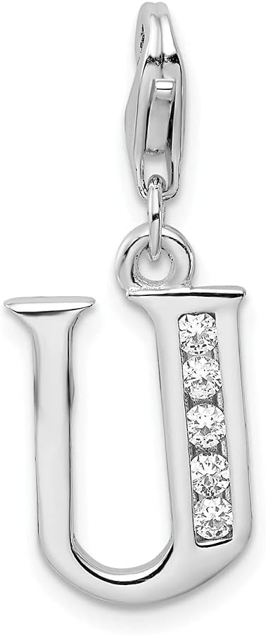 925 Sterling Silver Amore La Vita Polished CZ Letter U Initial Bracelet Charm Lobster Clasp