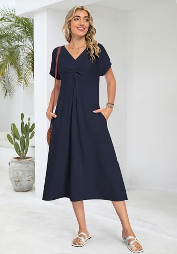 WNEEDU Women Summer Midi Dress Twist Front V Neck Short Sleeve Loose Casual Pockets,Navy Blue,XL — view 2