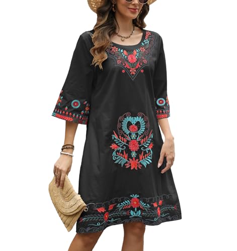 Image of Higustar Mexican Embroidered Dress Summer Cotton Bohemian Flower Peasant Traditional Mexico Fiesta Boho Dresses for Women