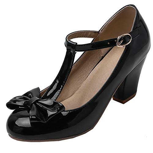 Birdsight Rockabilly Mary Jane Escarpins Femme Talon Haut Bloc Laniere en T Bout Fermé Noeud Bride Cheville avec Boucle Cute(Noir 37) Cover