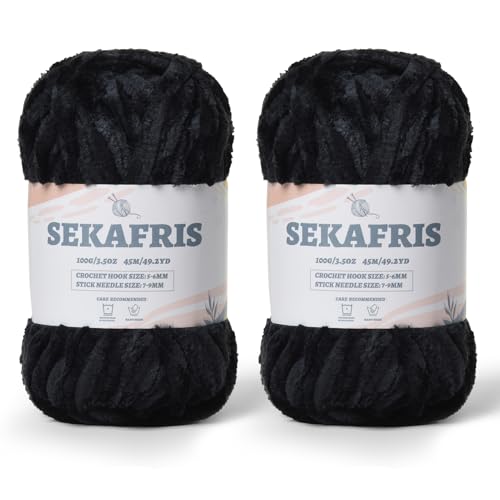 Image of Chenille Velvet Soft Yarn Black 2 Pack | 200g /98.4yds Fuzzy Chunky Chenille Yarn for Crocheting Plush Yarn for Hand Knitting Amigurumi Fluffy Yarn
