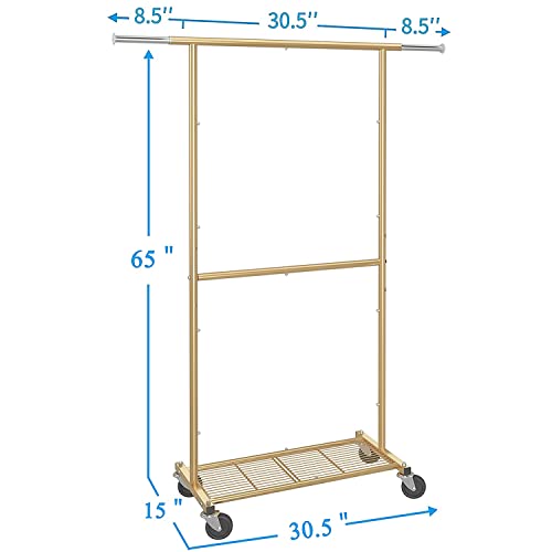 Simple Trending Standard Clothing Garment Rack, Rolling Clothes Organizer With Wheels And Bottom Shelves, Extendable, Golden Yellow #TOP6