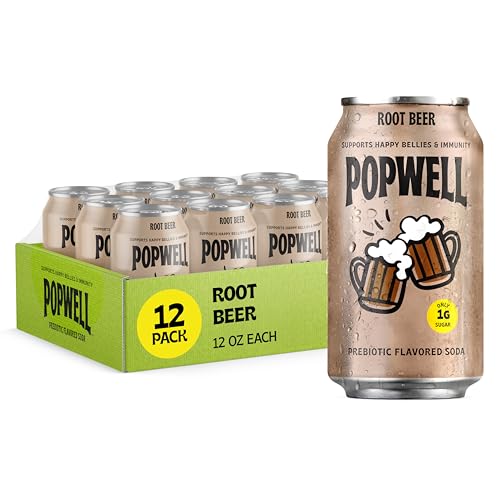 Image of Popwell Root Beer Better-For-You Prebiotic Soda, with 6g Fiber, 1g Sugar, Vitamins and Immunity Support, 12 fl oz Cans (pack of 12)