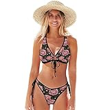 ODAWA Red Eyeball Flowers Womens Bikini Set Athletic Swimsuit Tie String Thong XL