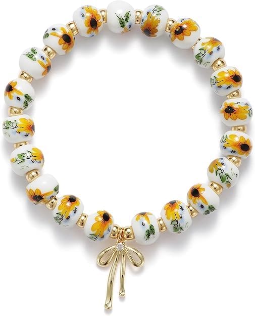 Beads Bow Charm Bracelet for Women Flower Vintage Bracelet Stretch Beaded Gold Bracelets Dainty Jewelry Gifts