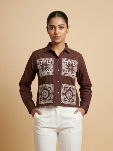 Image of Stylish Women's Embroidered Shirts | Geometric Pattern Half Sleeve Collared Button-Up Casual Shirt for Women