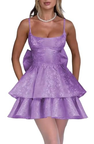 Jacquard Floral Satin Short Prom Dress Spaghetti Straps Puffy Mini Cocktail Party Gowns with Bow Back