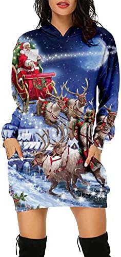 2023 Hoodie Dress for Women Ugly Merry Christmas Sweater Dress Snowflake Long Pullover Loose Xmas Sweatshirt Dress