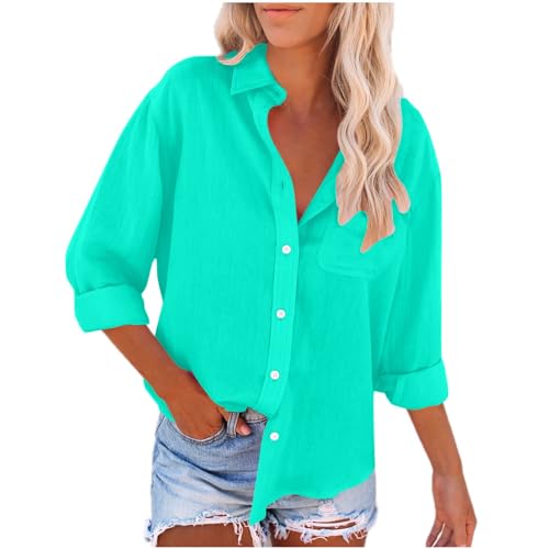Camisa de Manga Larga Mujer Algodón y Lino Blusa Camiseta Verano Moda Color sólido Casual Cómodo Suelto Cuello en V Botones Tops Elegante T-Shirt Basic tee Talla Grande Oficina Ligero 2024