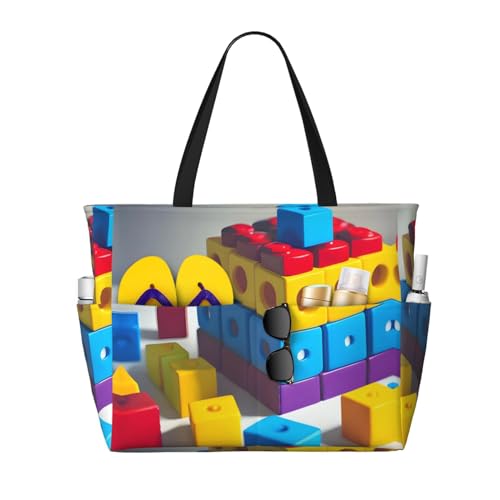 Colorful Building Blocks Large capacity beach bag with zipper, perfect for grocery bag pool gym travel shopping foldable beach travel bag,