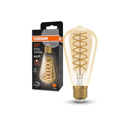 OSRAM Vintage 1906® Classic Edison FIL 60 LED-Lampe mit Sockel 27, dimmbar, Edison-Form, gold, 8,8W, 806lm, 2400K, reduziertes warmweißes Licht, geringer Energieverbrauch, lange Lebensdauer