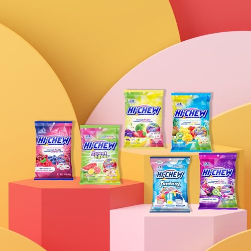 HI-CHEW Variety Mix, Pack of 6 Bags - 17 Flavor Assort Sweet and Sour Chewy Halloween Candy, Unique Fun Soft - Immensely Juicy Fruity Candy Flavors - Individually Wrapped for Sharing