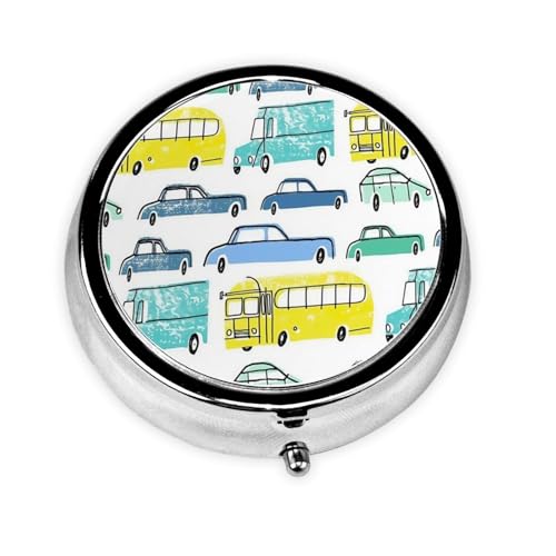 YIGOAOIU Metal Silver 3 Compartment Pill Box Pocket Portable Mini Travel Pill Case Small Round Decorative Medicine Box Vitamin Pill Organizer with All Kinds of Cars