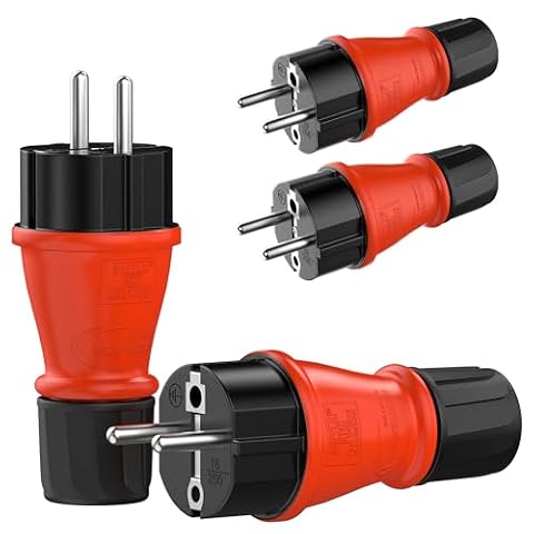 RedStar24 Wtyczka Schuko 230 V IP54 zestaw 4 wytrzymałych wtyczek z zestykiem ochronnym z gumy i tworzywa sztucznego, czarno-czerwona, hermetycznie uszczelniona konstrukcja, idealna do użytku na