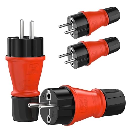 RedStar24 Schuko Stecker 230V IP54 4er Set Robuster Schutzkontaktstecker aus Gummi & Kunststoff, Schwarz Rot | Hermetisch Versiegeltes Design | Perfekt für den Außenbereich | 3-Poliger Stromstecker