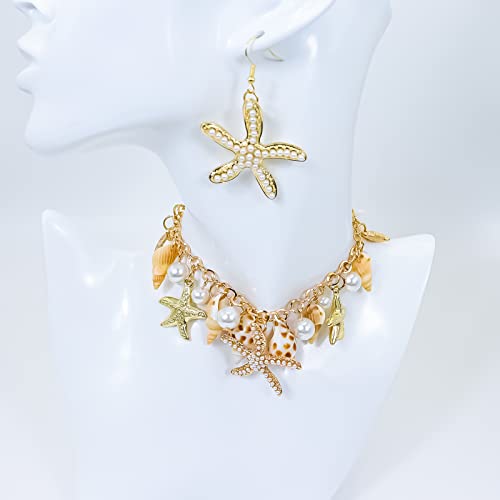 Halawly Shell Necklace Choker Mermaid Tail Necklace - Fashion Sea Shell Starfish Faux Pearl Collar Bib Statement Chunky Necklace Pendant4
