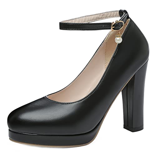 VOKLIN Women's Round Toe Platform Chunky Block High Heel Pumps Ankle Strap Party Dress Mary Janes Pump Shoes