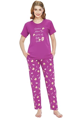 Image of ZEYO Night Suit for Women's Cookies & Cup Printed Cotton Night Dress of Top and Pajama Set 5772