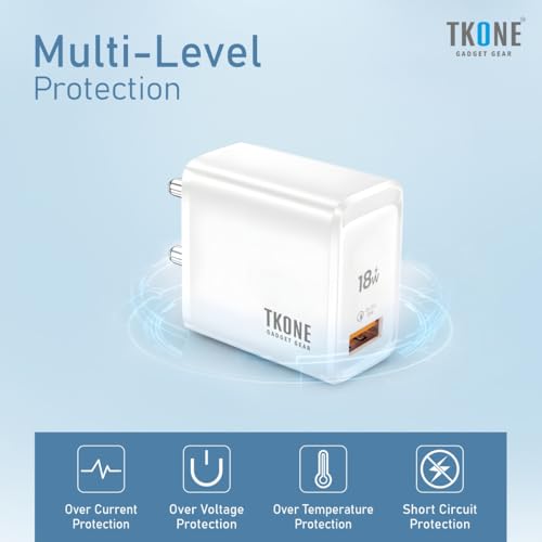Image of TKONE Rapid 18W Fast Charging Adapter, USB A, for iPhone 17 /16 /15 /14 /13 /12 Series, Samsung Galaxy S25 /S24 /S23, OnePlus, Nothing & Others (White)