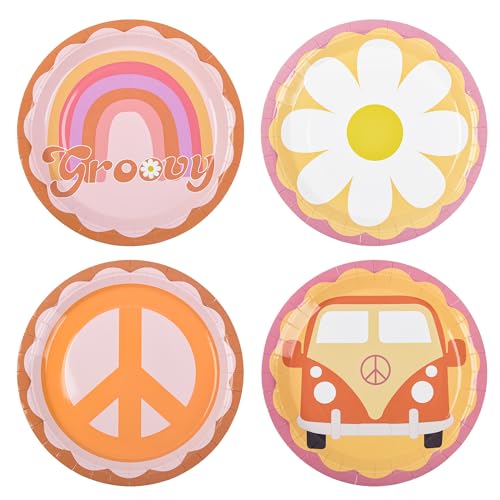AimFun 48 Pcs Groovy Party Plates Retro Hippie Boho Paper Plates 60s 70s Party Decorations 7 Daisy Flower Peace Round Disposable Plates for Birthday Baby Shower Wedding Bridal Tableware (48 7 inch)