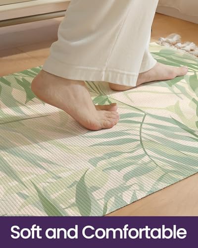 Image of SAGON 2x5 Ft Printed Runner Carpet - Cotton Bedside Rug for Bedroom & Living Room (Green Palm Leaf)