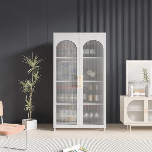 VASAAOSD Kitchen Storage Cabinets, Pantry Cabinet with Glass Door and Adjustable Shelves, Kitchen Pantry Hutch Cabinet, Metal Sideboard Buffet Cabinet for Living Room, White - Thumbnail 5
