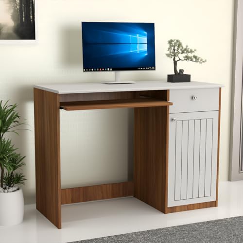 Image of Amazon Brand - Solimo Amber Without Hutch Engineered Wood Study Table, Simple Computer, Laptop, WFH Office Desk, Leon Teak and White, 90 cm x 55 cm x 83 cm