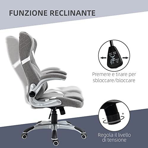 Sedia da Ufficio Ergonomica con Braccioli Ribaltabili e Poggiatesta, Sedia Scrivania Girevole con Supporto Lombare, Altezza Regolabile e Funzione Dondolo in Tessuto per Studio, Grigio - Sedia gaming - Immagine 4