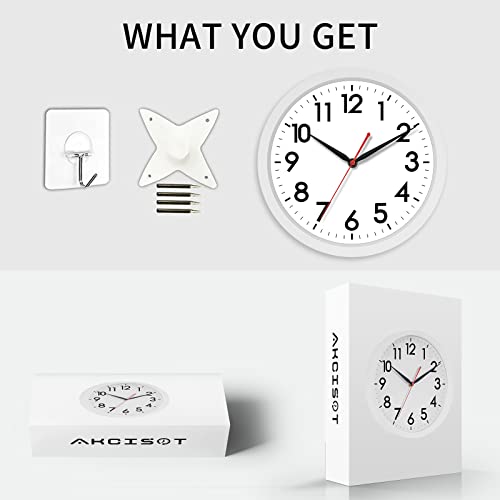 Image of AKCISOT Wall Clock Silent Non Ticking Modern Wall Clocks Battery Operated 10 Inch, Analog Small Classic Clock Decorative for Bedroom, Kitchen, Home Office, Bathroom, School, Living Room (White)