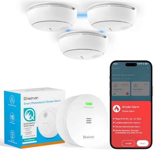 Heiman Rauchmelder 10 Jahre Batterie Vernetzt WLAN-Feuermelder mit App Steuerung & Magnethalterung, kompakter Mini-Rauchwarnmelder, Q-Label & EN 14604 Zertifiziert, 3er-Set mit Gateway