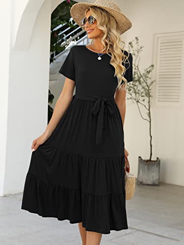 Image of Lyrur Women's Dresses Casual Summer Tiered Midi Dress Short Sleeve Belted Ruffle Babydoll Boho Sundress with Pockets