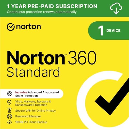 Norton 360 Standard 2025, Antivirus software for 1 Device and 1-year subscription with automatic renewal, Includes Secure VPN and Password Manager, PC/Mac/iOS/Android, Activation Code by email
