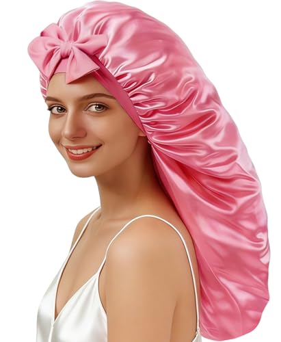 Long Silk Bonnet for Sleeping Women Adjustable Satin Bonnet Night Cap for Curly & Braids Hair Prevents Breakage Tangles & Thinning Pink