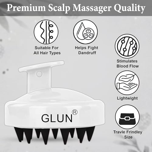 Image of GLUN Anti-Dandruff Round White Scalp Massager with Elastic Closing Zed Black Hair Bonnet Cap with 3 Satin Scrunchies Combo, Treatment Accessories for Hairs