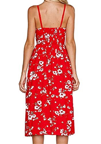 Image of YMING Womens Summer Spaghetti Strap Dresses Button Down Floral Sundress High Waist Swing Midi Dress with Pockets