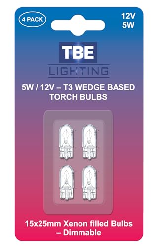 TBE LIGHTING Replacement 12 Volt, 5w T3 1/4 Wedge Base Xenon Bulbs, Pack of 4 Low Voltage Wedge Base Bulbs W5W...