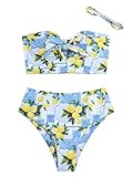 ZAFUL Women's Keyhole Tied High Waisted Bikini Sets Spaghetti Straps 2 Pieces Swimsuit Bathing Suit 0-Blue Lemon M