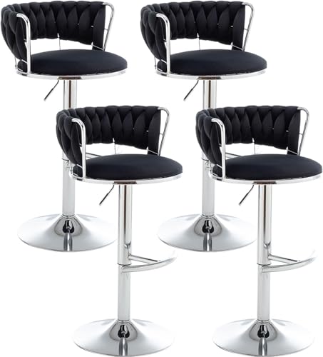 Canxkun Velvet Bar Stools Set of 4, Counter Height Bar Stools with Low Back, Modern Adjustable Height Barstools, Swivel Bar Chairs for Kitchen Island, Pub (Black)