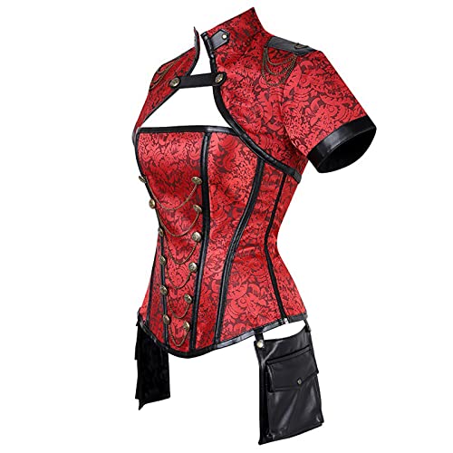 Women's Gothic Steampunk Victorian Pirate Renaissance Corset Lace Up Bustier Sleeves Elegant Overbust Top Waistcoat Red #TOP2