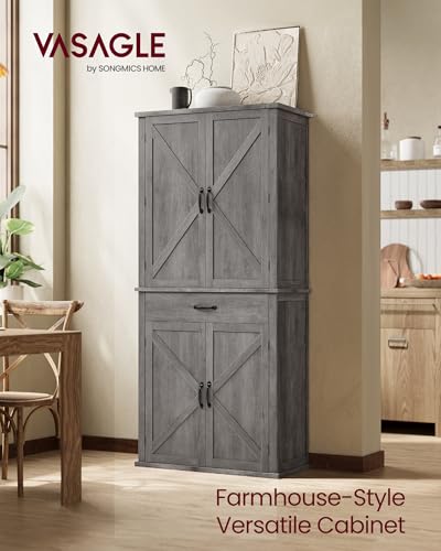 Image of VASAGLE Pantry Cabinet, Tall Storage Cabinet with Drawer, 70.3-Inch | Farmhouse kitchen cabinet with barn doors, tray, adjustable shelves, Misty Gray, UBBK364G01