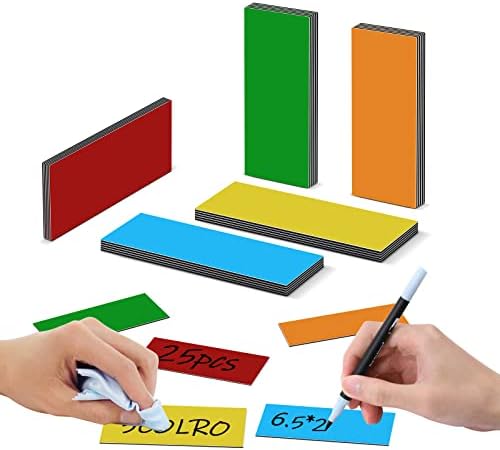 Vicloon Magnetic Dry Erase Labels, 25 Pack Magnetic Label Stickers WhiteBoard Magnet Strips Colorful Magnetic Planning Labels for Classroom, Whiteboard, Refrigerator (65 x 25 mm)